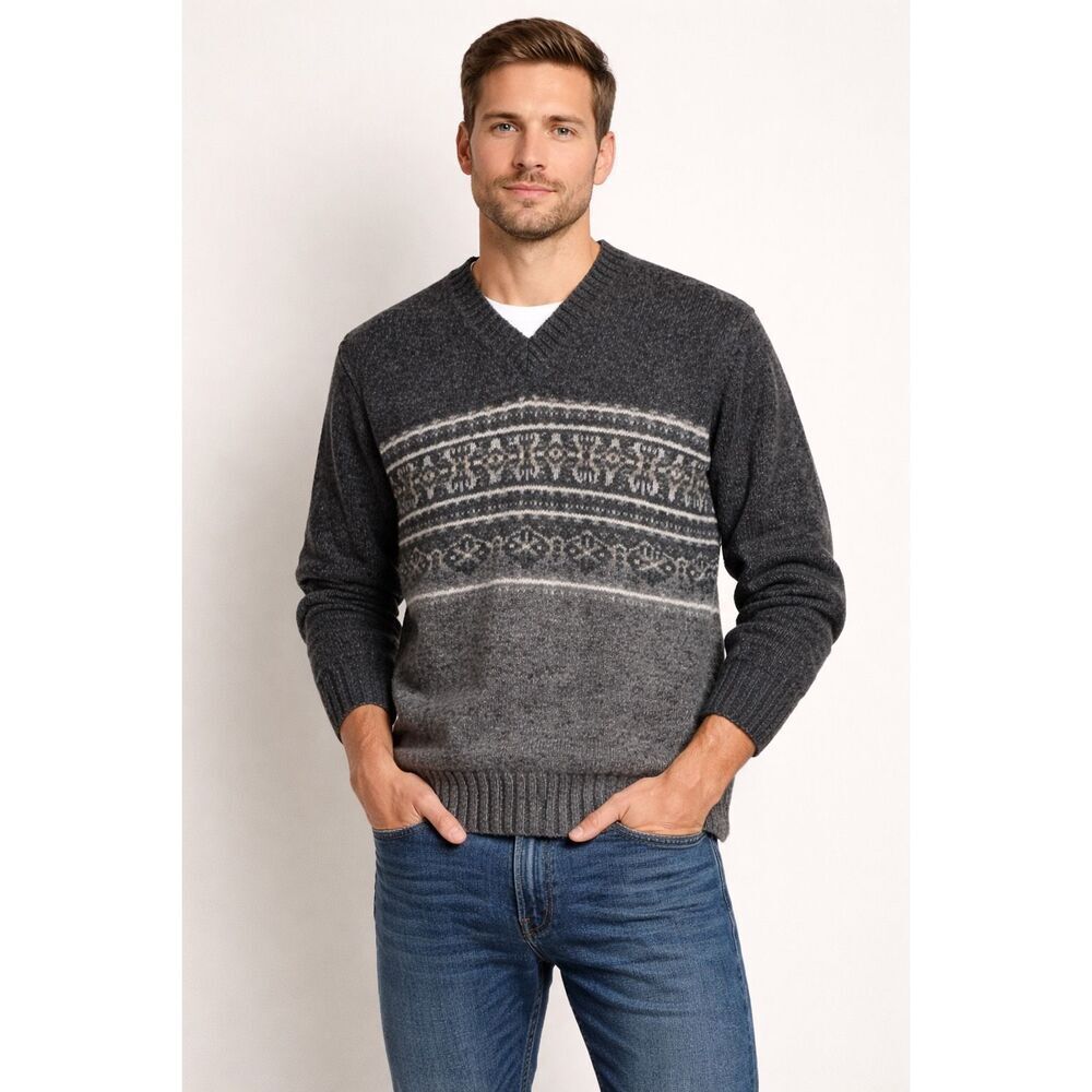 Express Bleus Wool Fair Isle V-Neck Sweater Gray Men’s L